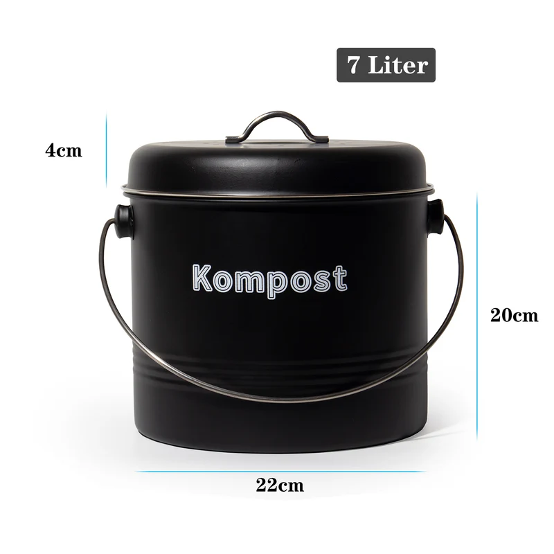 Biomülleimer Küche 7 L , Bio Mülleimer Geruchsdicht mit Aktivkohlefiltern , Komposteimer Metall , Biomüll Retro (Mattschwarz)