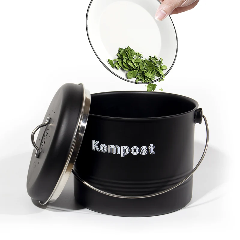 Biomülleimer Küche 7 L , Bio Mülleimer Geruchsdicht mit Aktivkohlefiltern , Komposteimer Metall , Biomüll Retro (Mattschwarz)