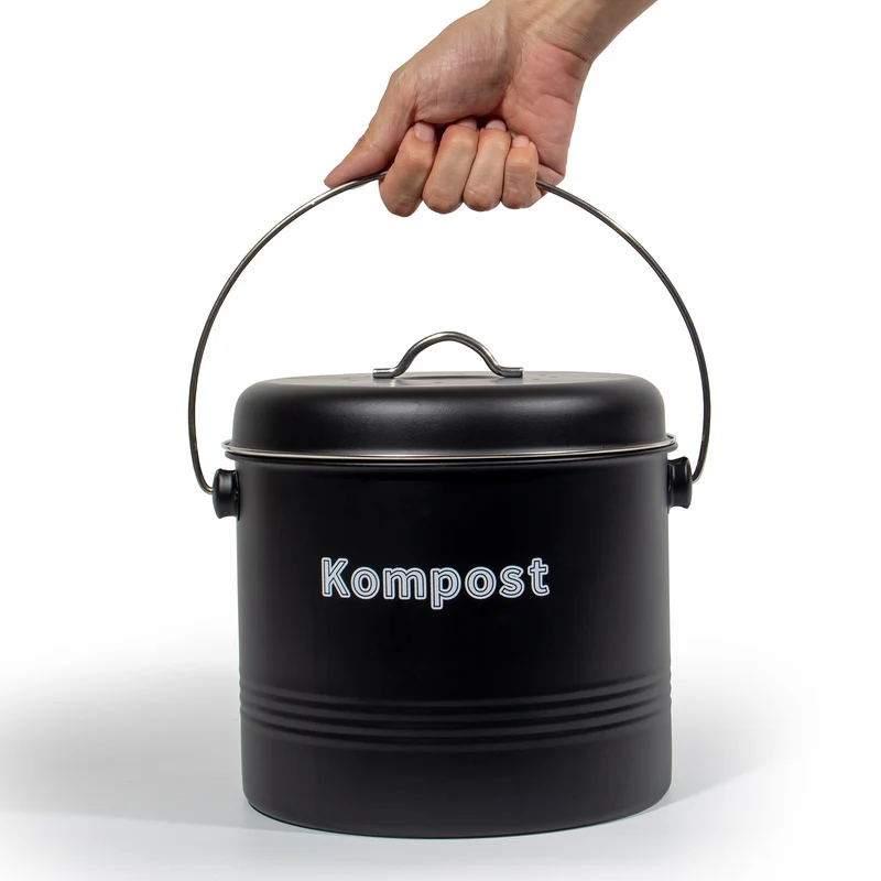 Biomülleimer Küche 7 L , Bio Mülleimer Geruchsdicht mit Aktivkohlefiltern , Komposteimer Metall , Biomüll Retro (Mattschwarz)