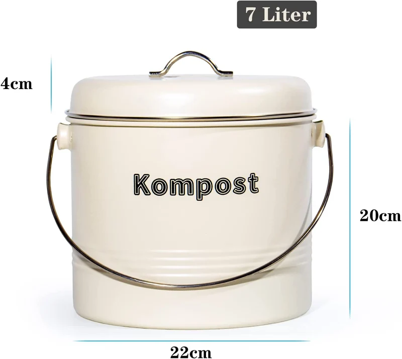 Biomülleimer Küche 7 L , Bio Mülleimer Geruchsdicht mit Aktivkohlefiltern , Komposteimer Metall , Biomüll Retro (MattBeige)