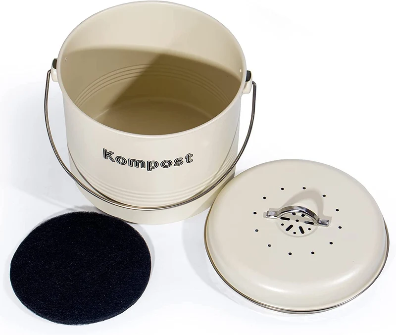 Biomülleimer Küche 7 L , Bio Mülleimer Geruchsdicht mit Aktivkohlefiltern , Komposteimer Metall , Biomüll Retro (MattBeige)