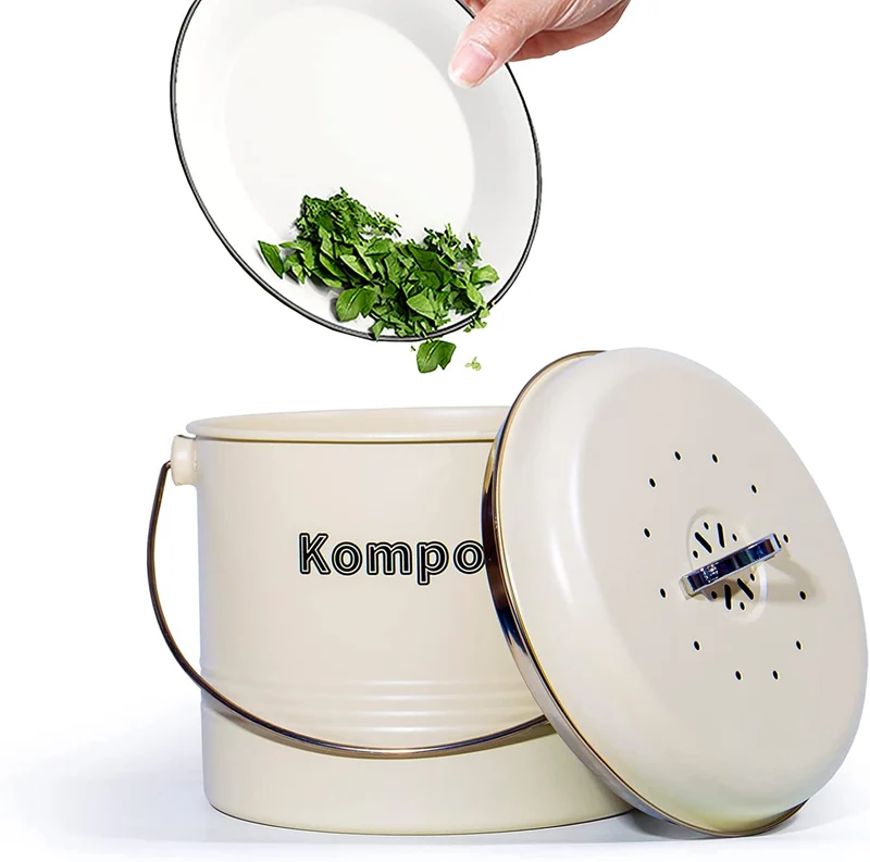 Biomülleimer Küche 7 L , Bio Mülleimer Geruchsdicht mit Aktivkohlefiltern , Komposteimer Metall , Biomüll Retro (MattBeige)