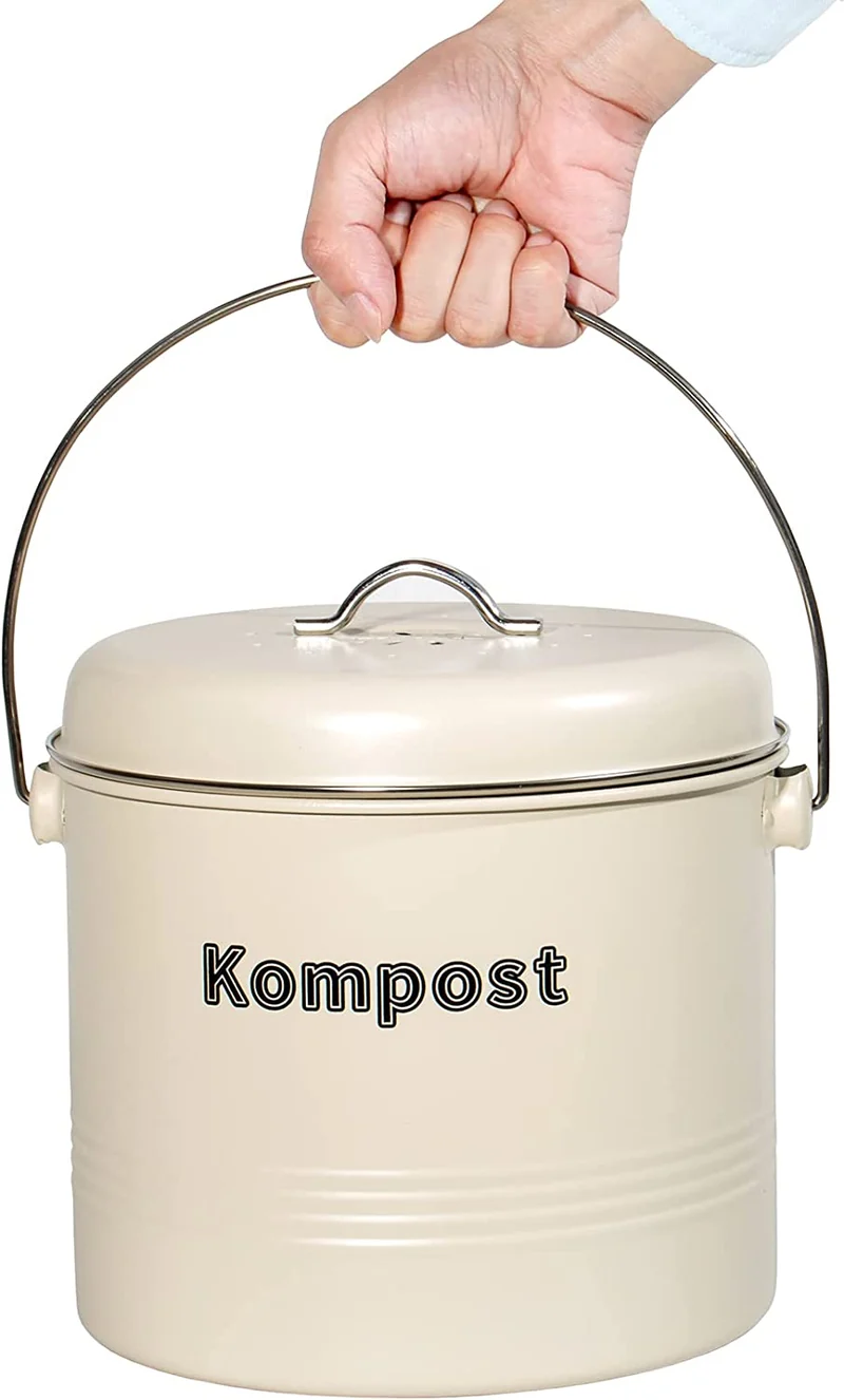 Biomülleimer Küche 7 L , Bio Mülleimer Geruchsdicht mit Aktivkohlefiltern , Komposteimer Metall , Biomüll Retro (MattBeige)