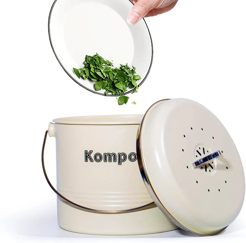 Biomülleimer Küche 3,5 L , Bio Mülleimer Geruchsdicht mit Aktivkohlefiltern , Komposteimer Metall , Biomüll Retro(Beige)