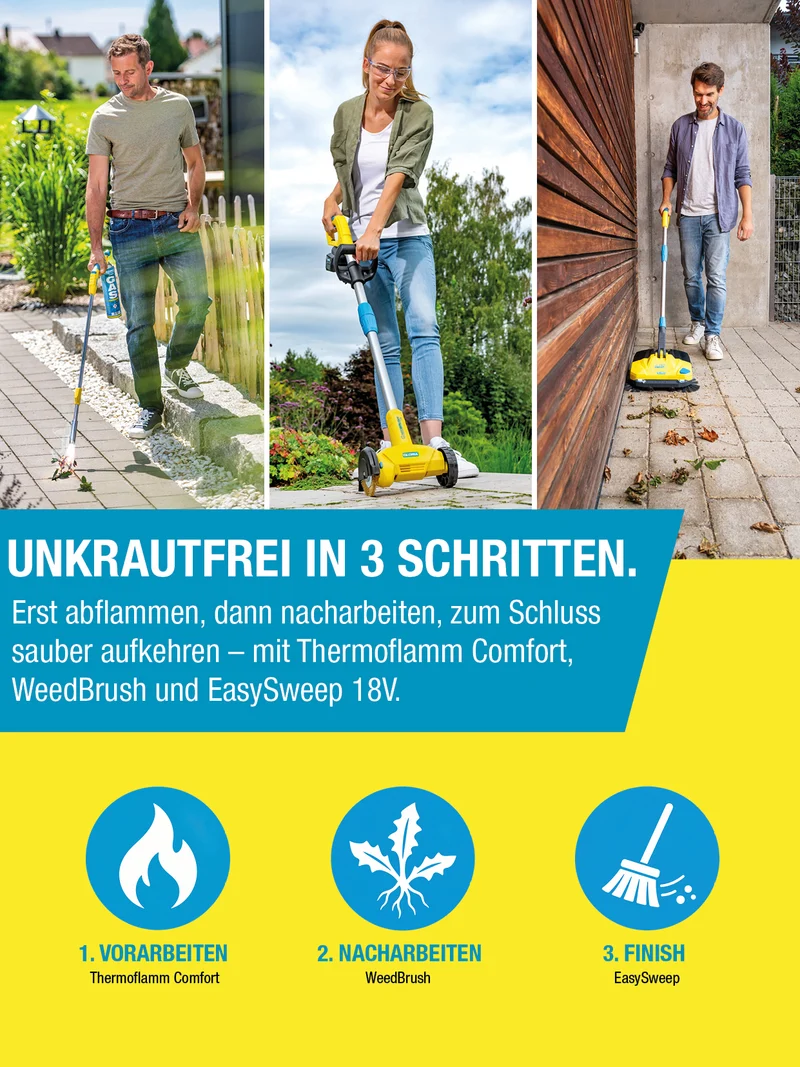 Herbstbundle: GLORIA EasySweep 18V + WeedBrush li-on + Thermoflamm Comfort