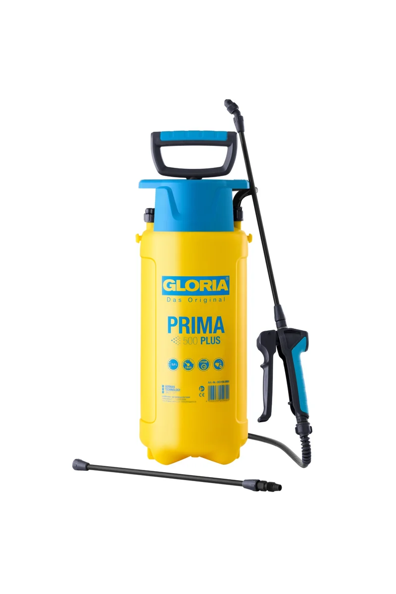 Prima 500 PLUS Drucksprüher 5 Liter, Säurebeständige Gartenspritze mit EPDM-Dichtungen, Verlängerungslanze & PVC-Gewebeschlauch