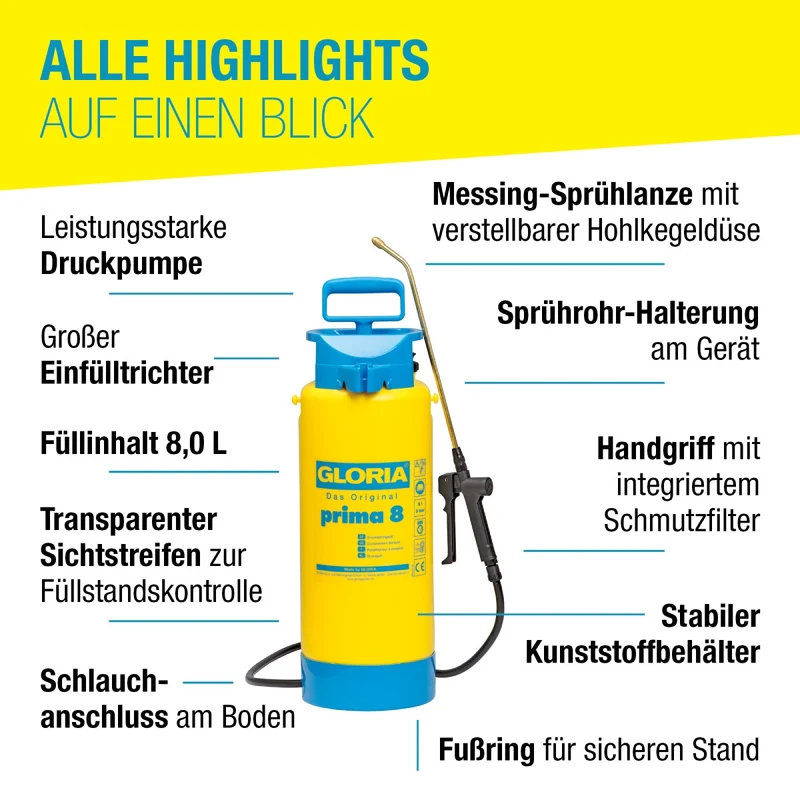 Drucksprüher prima 8 - 8 L Gartenspritze, Unkrautspritze, mit Messinglanze + verstellbare Messingdüse, Standfuß