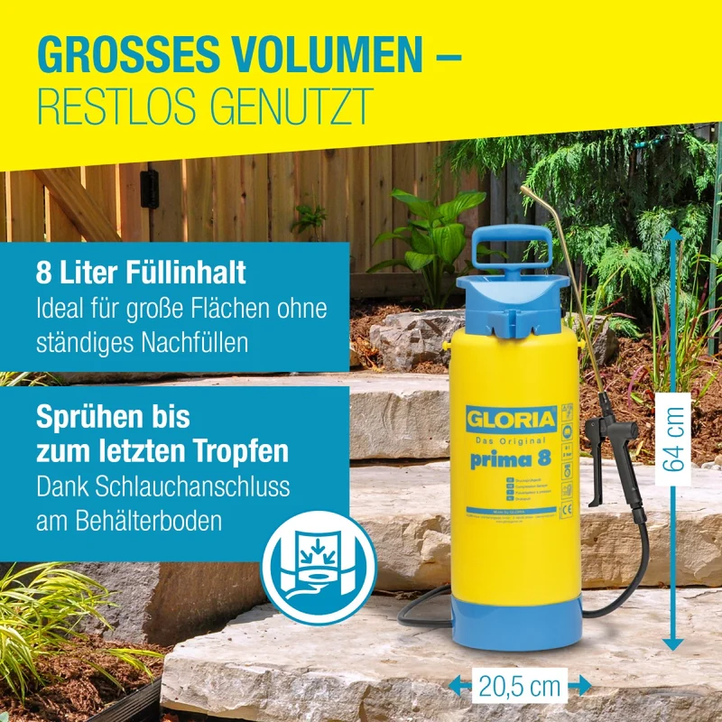 Drucksprüher prima 8 - 8 L Gartenspritze, Unkrautspritze, mit Messinglanze + verstellbare Messingdüse, Standfuß