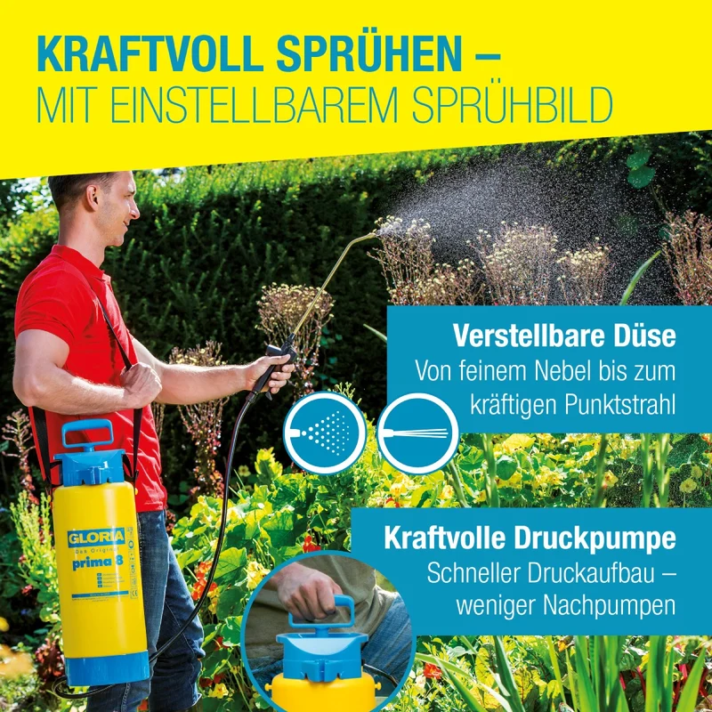 Drucksprüher prima 8 - 8 L Gartenspritze, Unkrautspritze, mit Messinglanze + verstellbare Messingdüse, Standfuß
