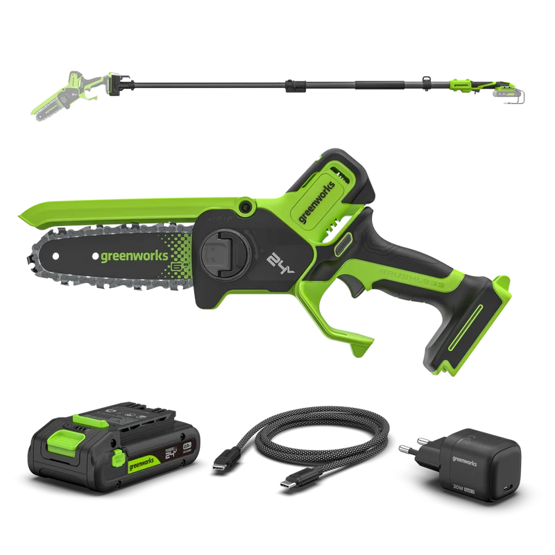 POWERALL 24V Mini-Kettensäge 15cm Gen. II mit Verlängerungsstab - 2Ah Akku