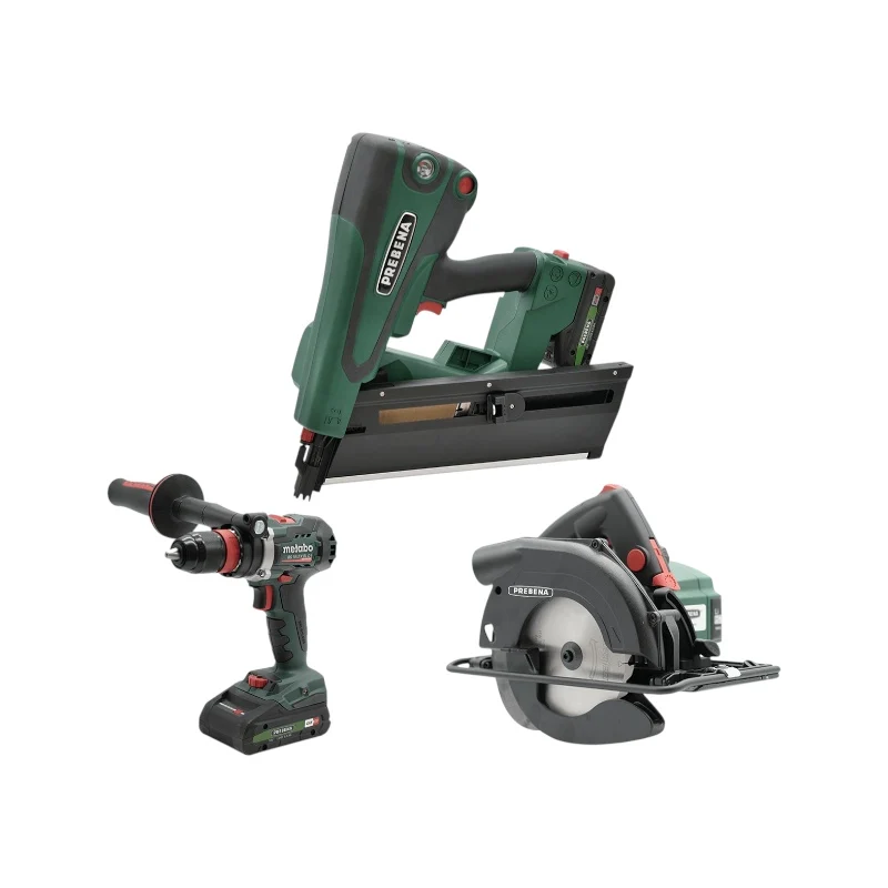 PREBENA - Holzbau Set RKP | Hybrid-Rundkopf-Nagler PKT-8-RKP100, Akku-Handkreissäge & Akku-Bohrschrauber