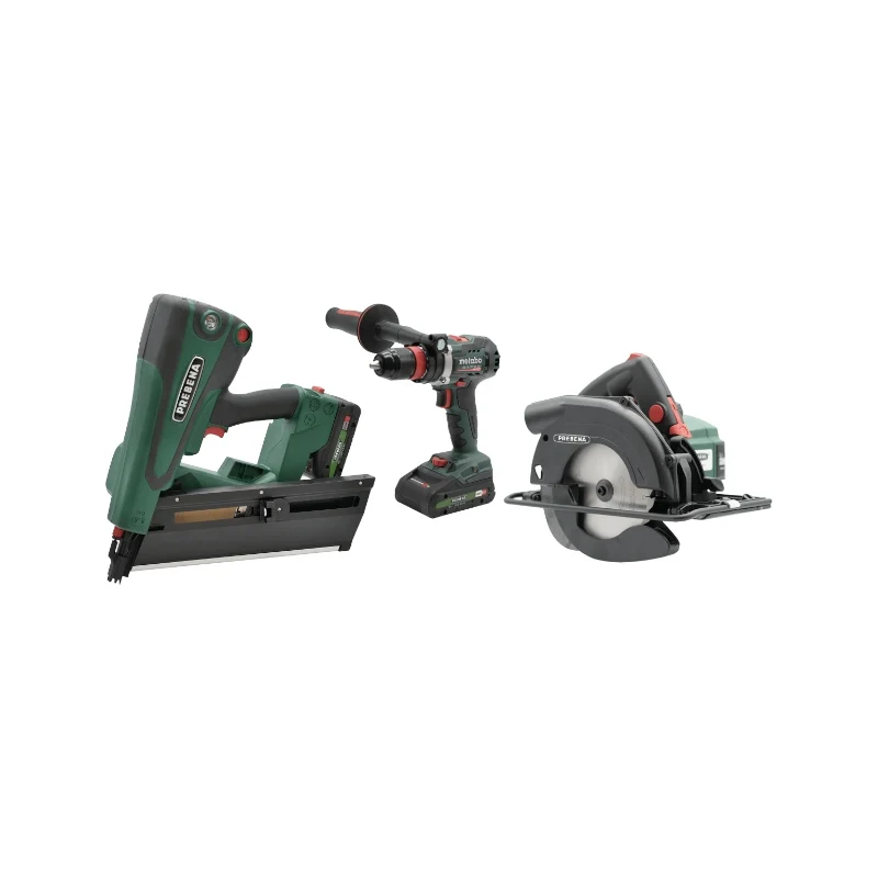 PREBENA - Holzbau Set RKP | Hybrid-Rundkopf-Nagler PKT-8-RKP100, Akku-Handkreissäge & Akku-Bohrschrauber
