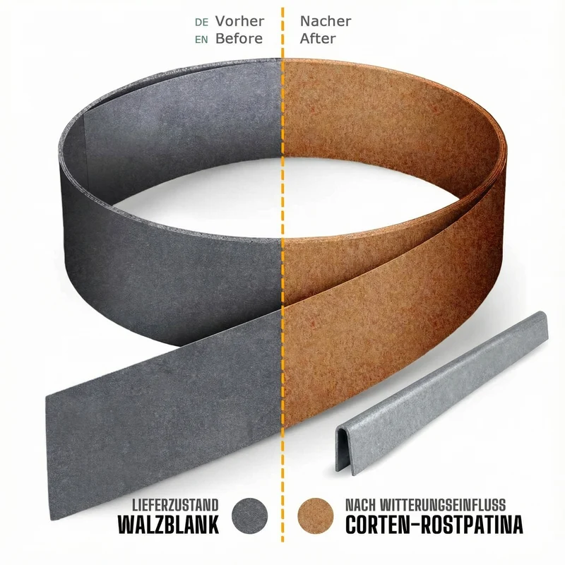 Rasenkantenband aus Cortenstahl – 15 cm hoch, Länge 15 m, 1 mm stark – GartenAZ inklusive Einschlaghilfe