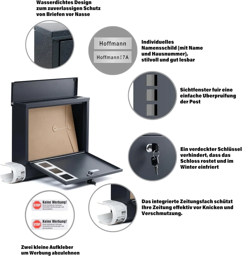 Briefkästen mit Zeitungsfach und Schloss Mailbox inkl. 2 Schlüssen Letter Box 9 x 31 x 35 cm