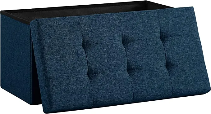 Sitzbank,Fußhocker, Sitztruhe faltbar mit Stauraum belastbar bis 300 kg 76 x 38 x 38 cm«, MDF-Platte und Leinenimitat.(Marineblau)