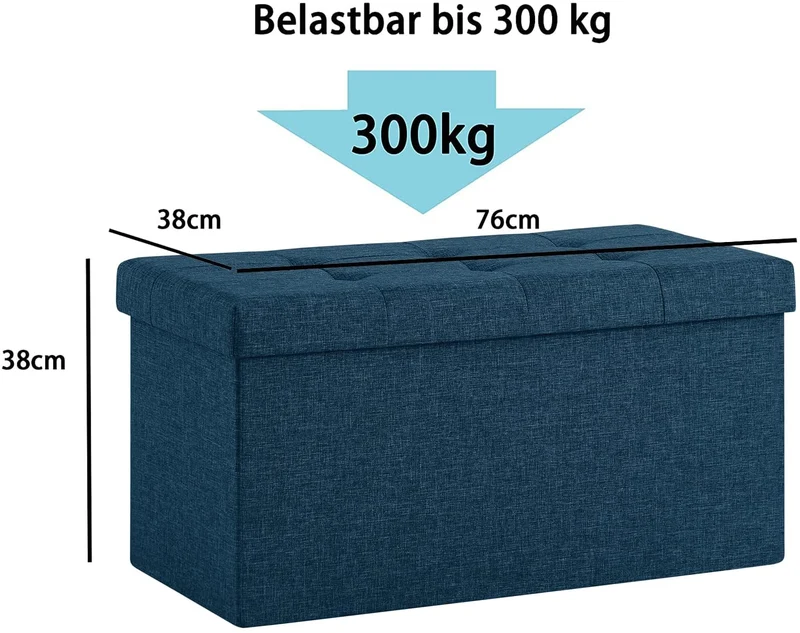 Sitzbank,Fußhocker, Sitztruhe faltbar mit Stauraum belastbar bis 300 kg 76 x 38 x 38 cm«, MDF-Platte und Leinenimitat.(Marineblau)