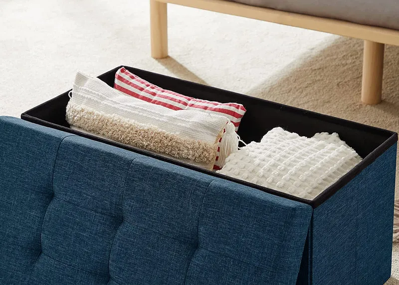 Sitzbank,Fußhocker, Sitztruhe faltbar mit Stauraum belastbar bis 300 kg 76 x 38 x 38 cm«, MDF-Platte und Leinenimitat.(Marineblau)