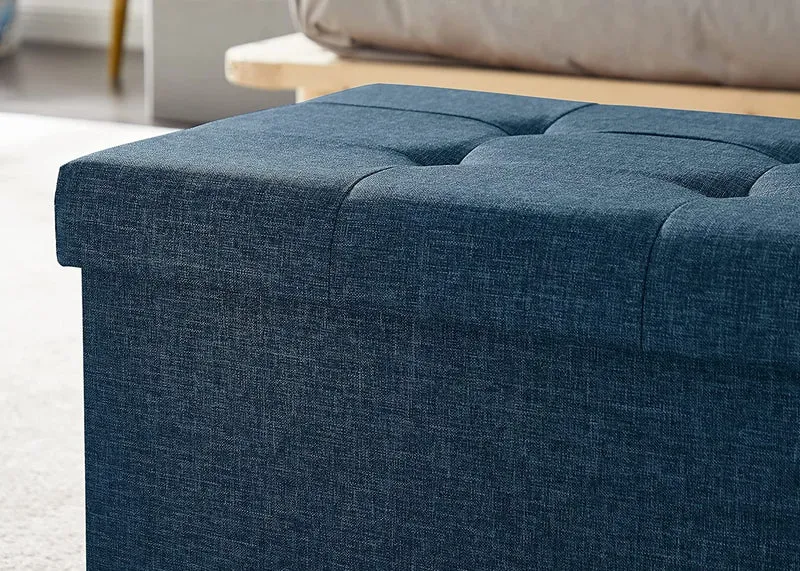 Sitzbank,Fußhocker, Sitztruhe faltbar mit Stauraum belastbar bis 300 kg 76 x 38 x 38 cm«, MDF-Platte und Leinenimitat.(Marineblau)