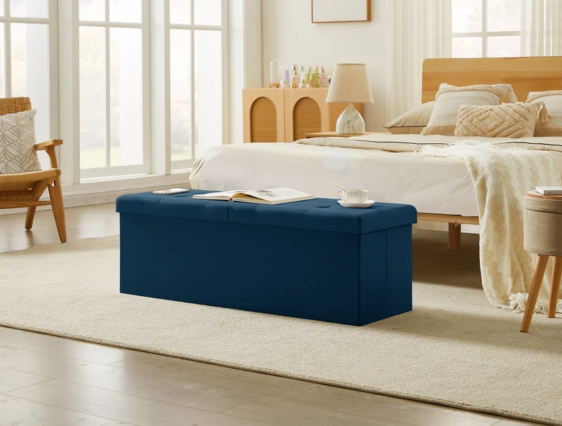 Sitzbank mit Stauraum Faltbar Sitztruhe belastbar bis 300 kg, Deckel Abnehmbar, 114x38x38 cm Marineblau