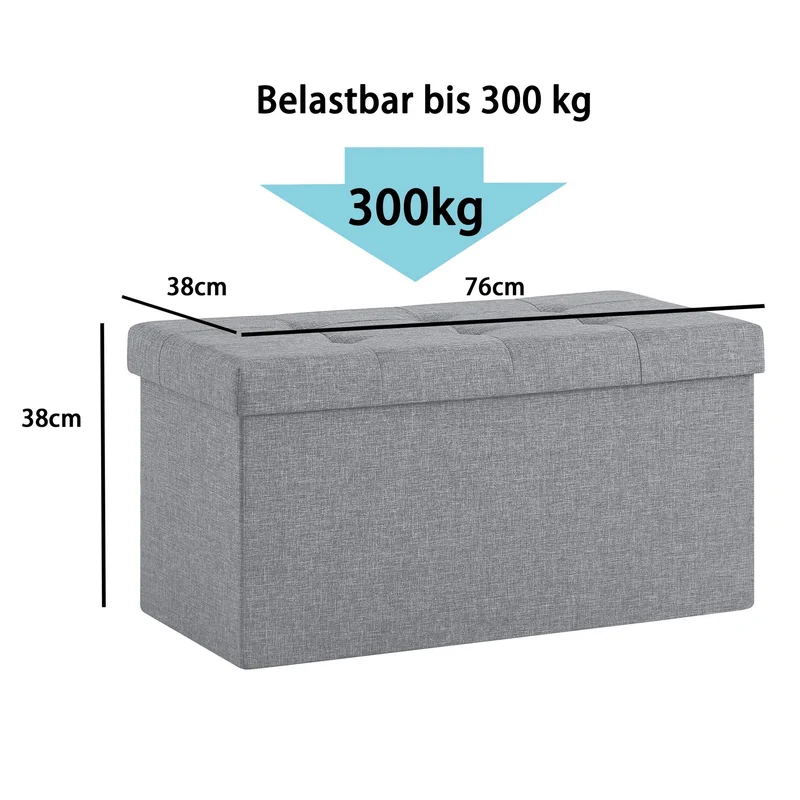 Sitzbank, Fußhocker, Sitztruhe faltbar mit Stauraum belastbar bis 300 kg 76 x 38 x 38 cm«, MDF-Platte und Leinenimitat.(Hellgrau)