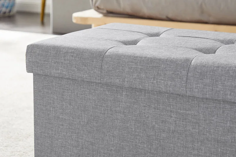 Sitzbank, Fußhocker, Sitztruhe faltbar mit Stauraum belastbar bis 300 kg 76 x 38 x 38 cm«, MDF-Platte und Leinenimitat.(Hellgrau)