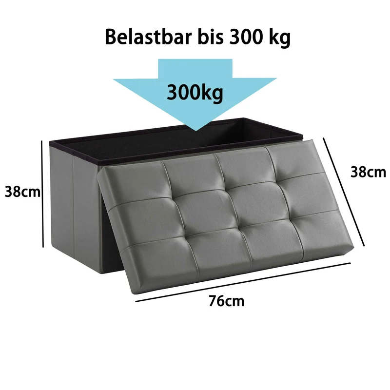 Sitzbank,Fußhocker, Sitztruhe faltbar mit Stauraum belastbar bis 300kg 76 x 38 x 38 cm«, Aus MDF-Platte und Kunstleder. (Kunstleder-Grau)