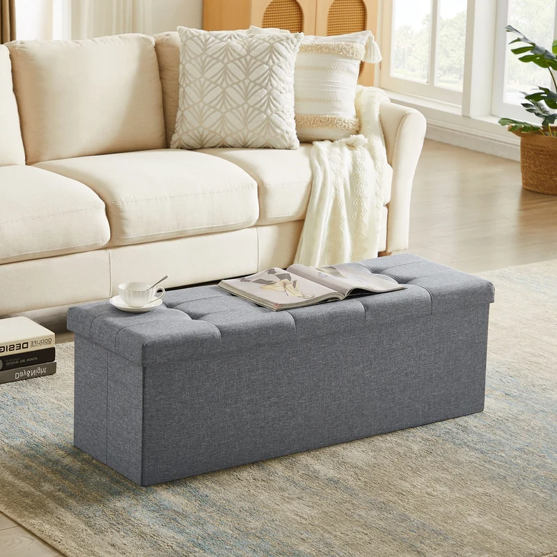 Sitzbank mit Stauraum,Aufbewahrungsbox,faltbar,max.Belastbarkeit300kg,120 L,114x38x38cm,MDF-Platte und Leinenimitat.（Grau）