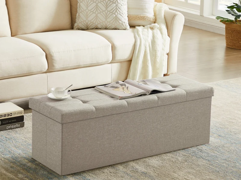 Sitzbank mit Stauraum, Aufbewahrungsbox,faltbar,max.Belastbarkeit300kg,120 L,114x38x38cm,MDF-Platte und Leinenimitat.（Beige）