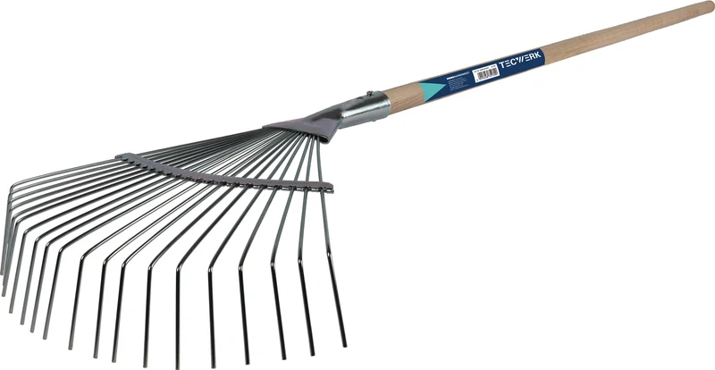Fächerbesen Arbeitsbreite 415 mm Metal/Holz TECWERK mit Stiel – 22 Zinken, 1700 mm