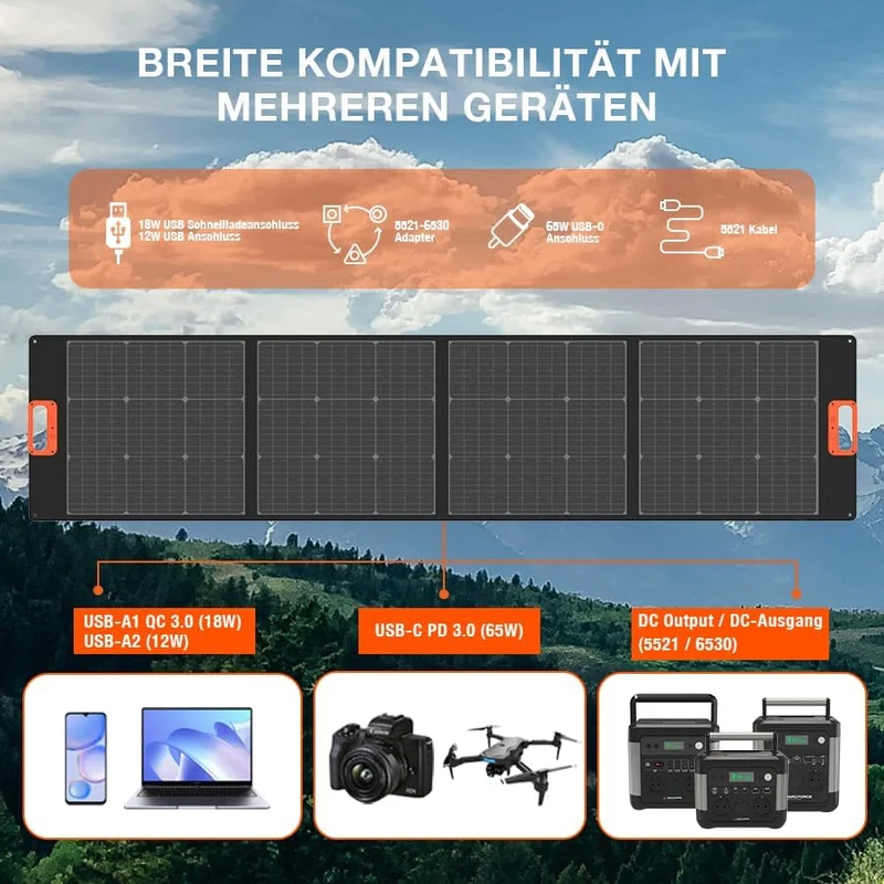 Yard Force LX SPP20 Faltbares Solarmodul 200W – Tragbares, wasserdichtes Solarpanel (23,5 % Effizienz) mit PD 65W, QC 3.0 & DC-Ausgang für Powerstations