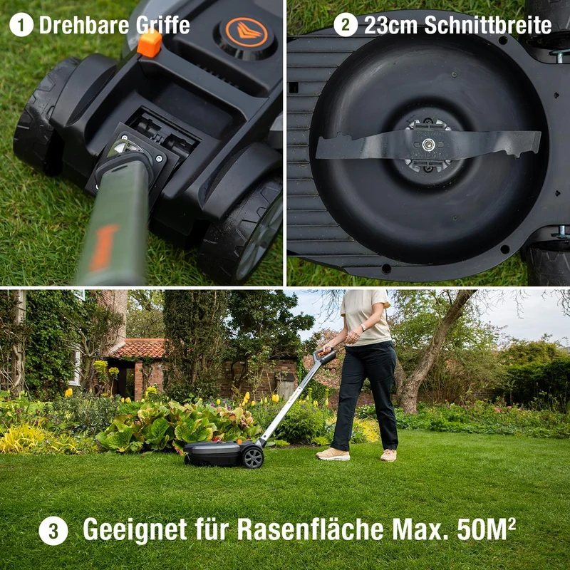 Yard Force iFlex LM F23 Kompakter Akku-Rasenmäher (12V 4Ah, 23 cm) – Wendiger Mulchmäher für Stadtgärten (bis 50 m²) mit 360°-Gelenk & Wechselgriff