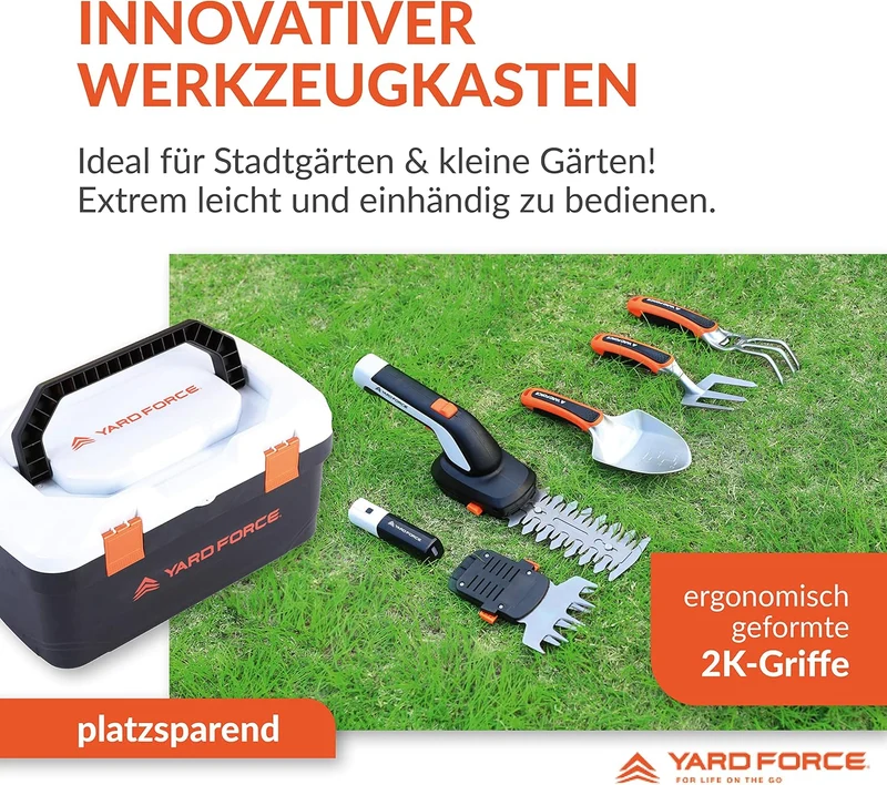 Yard Force VITA 6-teiliges Akku-Gartenwerkzeug Set inkl. Koffer (4V / 4Ah) – Elektrische Grasschere, Astschere & Handgeräte für Balkon & Urban Gardening