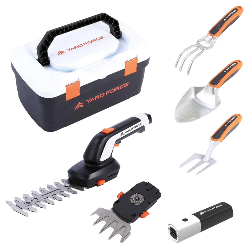 Yard Force VITA 6-teiliges Akku-Gartenwerkzeug Set inkl. Koffer (4V / 4Ah) – Elektrische Grasschere, Astschere & Handgeräte für Balkon & Urban Gardening