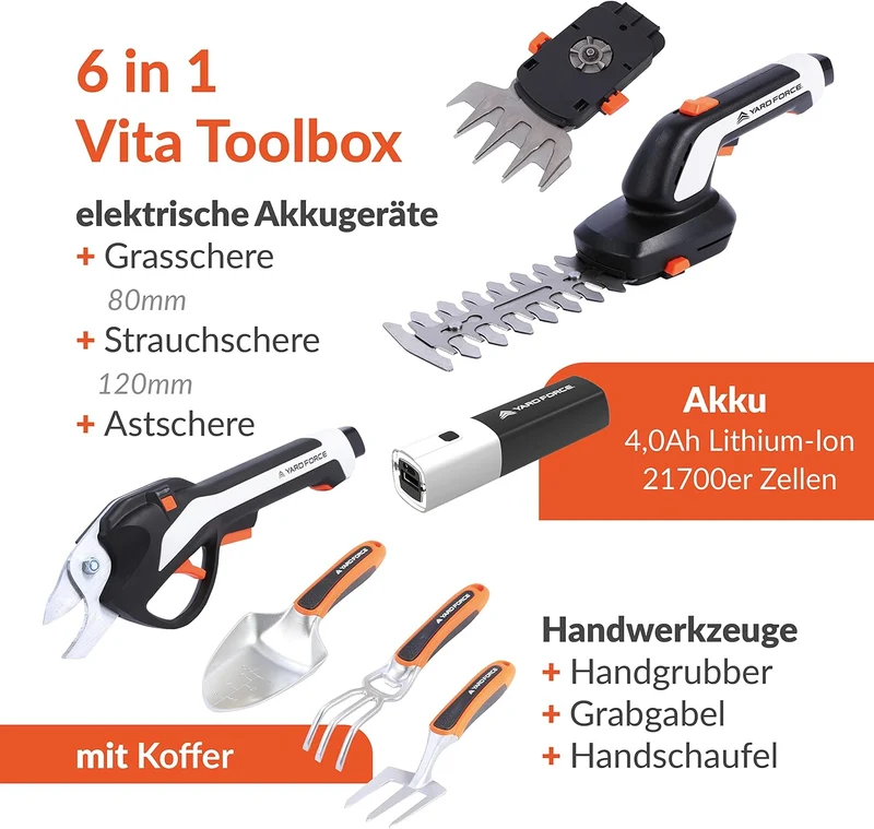 Yard Force VITA 6-in-1 Akku-Gartenwerkzeug Set (4V / 4Ah) – Urban Gardening Koffer mit elektrischer Astschere, Grasschere & Premium-Handwerkzeugen