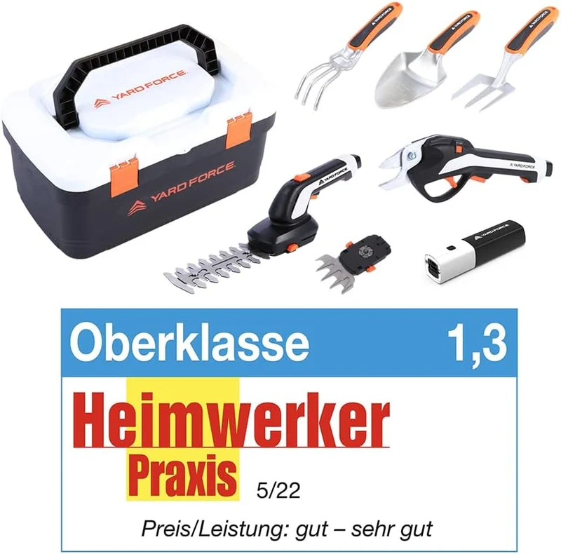 Yard Force VITA 6-in-1 Akku-Gartenwerkzeug Set (4V / 4Ah) – Urban Gardening Koffer mit elektrischer Astschere, Grasschere & Premium-Handwerkzeugen