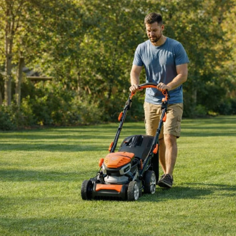 Yard Force 58V LFP-Akku-Rasenmäher LM P46A – Integrierter 8,6 Ah Akku, 196cc Benzin-Power (12,2 Nm), 46 cm Schnittbreite, 2 Std. Laufzeit, extrem sicher & langlebig