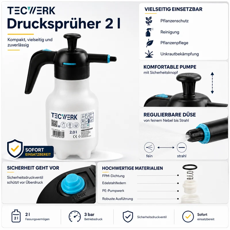 TECWERK Drucksprüher 2 l mit FPM-Dichtung & Kunststoffdüse