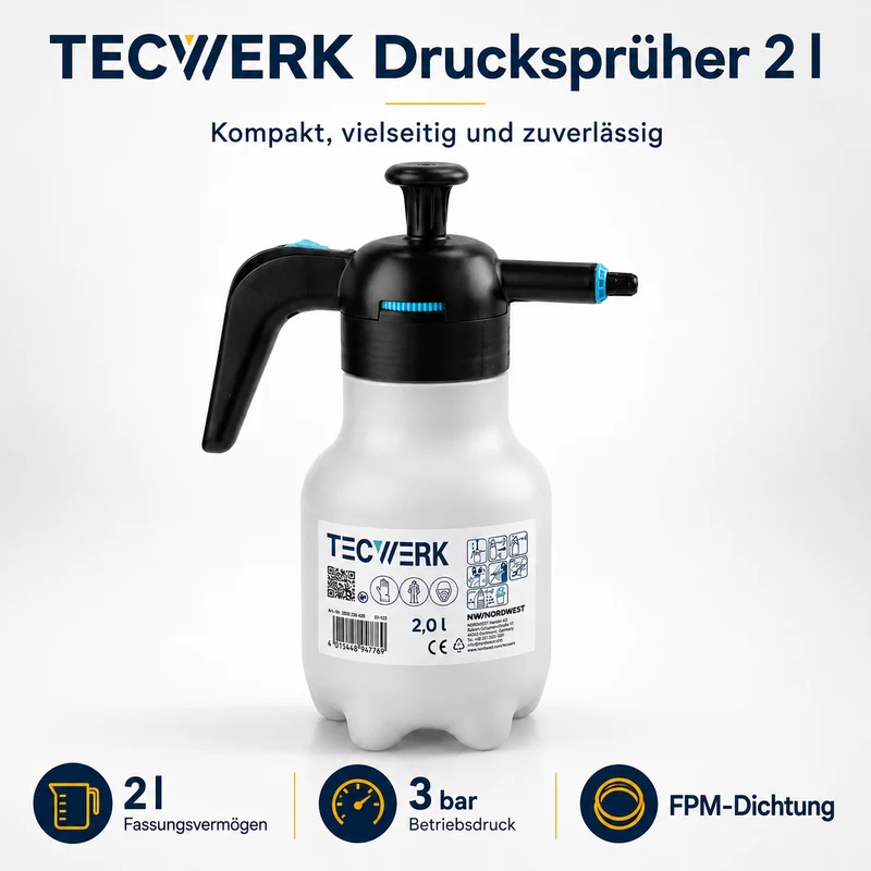 TECWERK Drucksprüher 2 l mit FPM-Dichtung & Kunststoffdüse